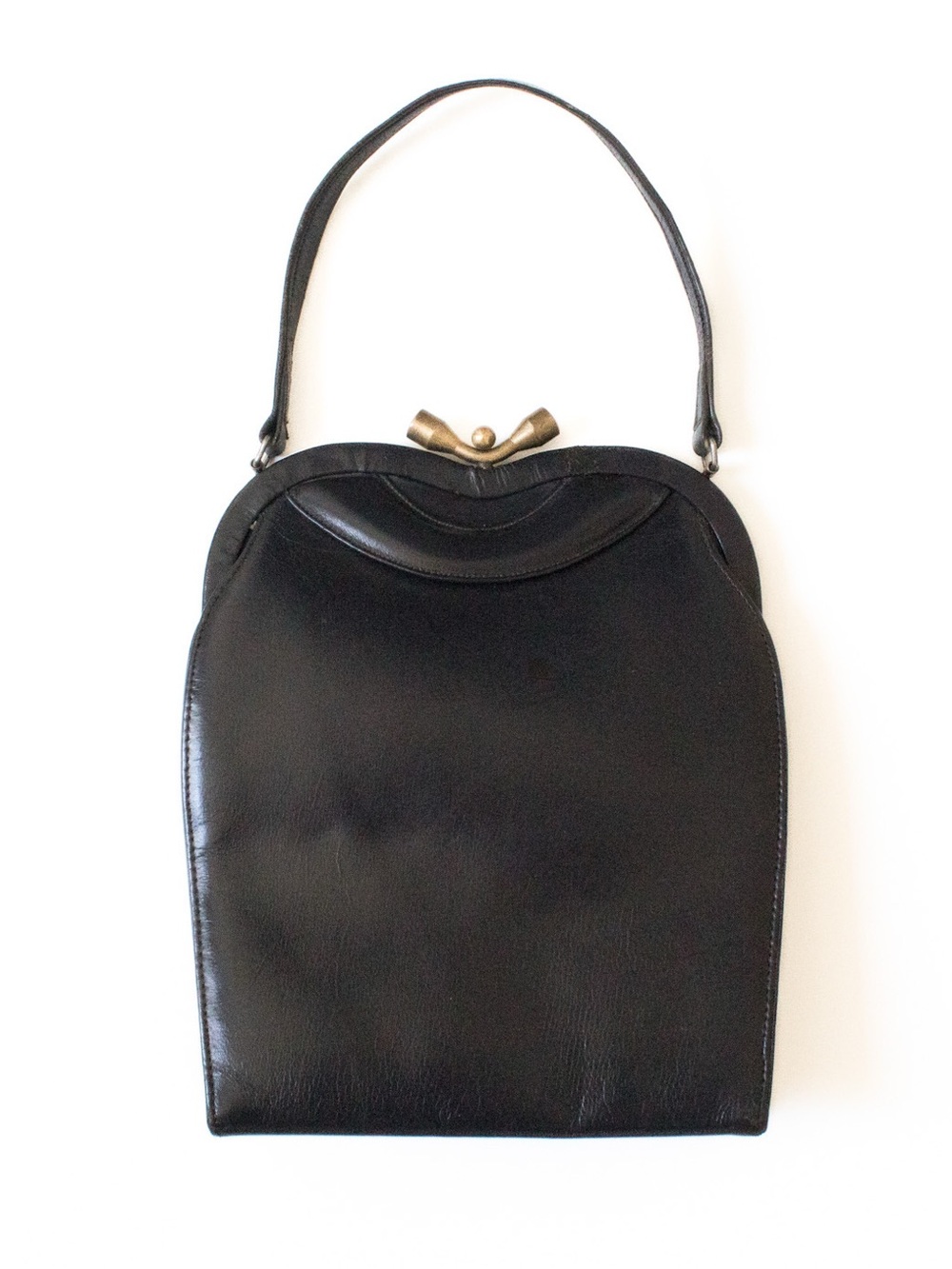Vintage 1940’s/1950’s Mid-Century Black Leather Minimalist Kiss-Lock Handbag